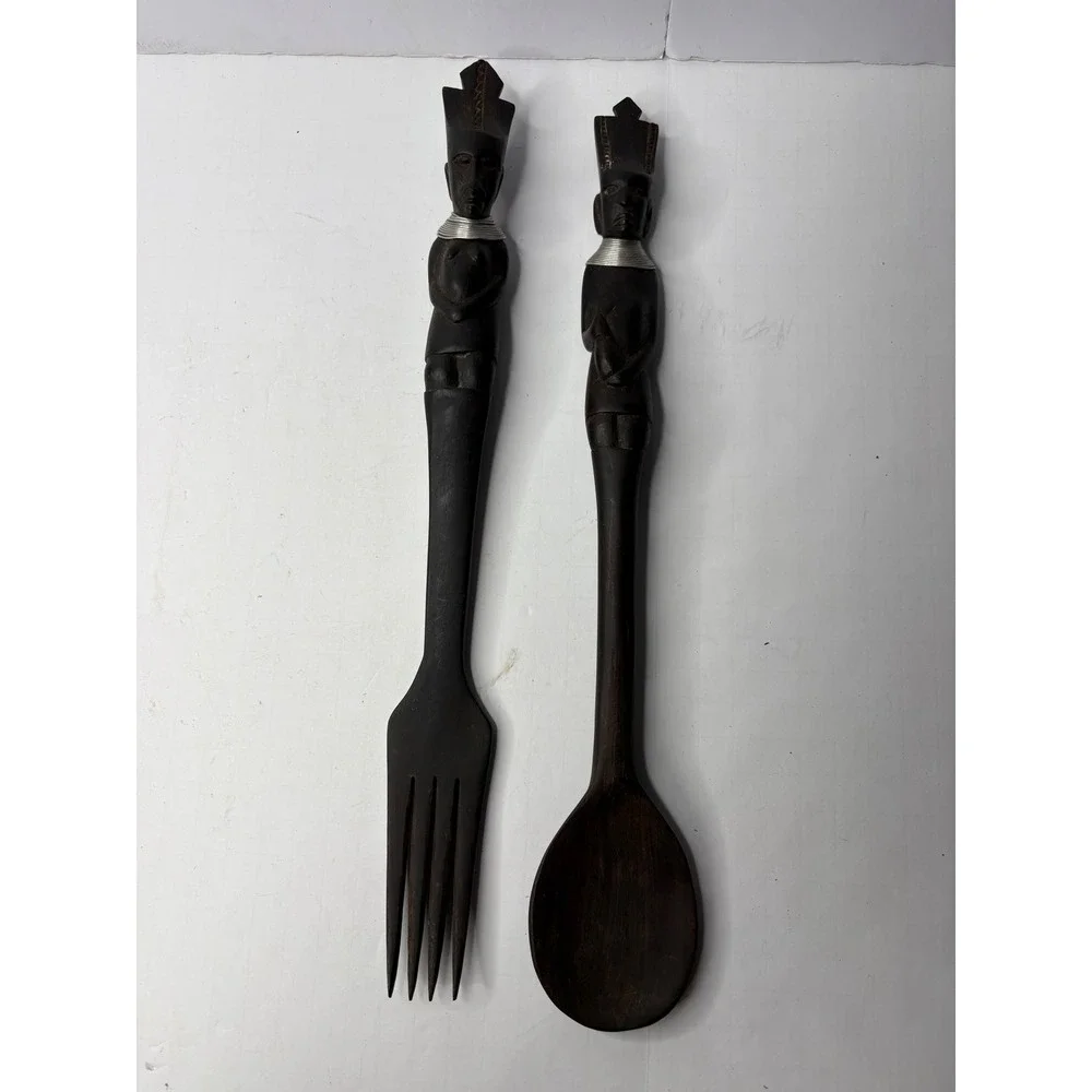 Vintage African Hand Carved Wood‎ Tribal Salad Server Set Fork Spoon Figural 15